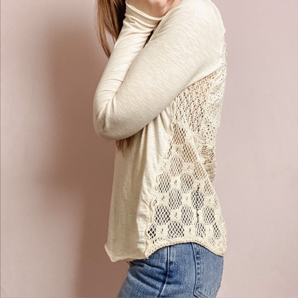 FREE PEOPLE Small 100% Cotton Romantic Long Sleeve Vanilla T Lace Crochet Sheer - Picture 5 of 11